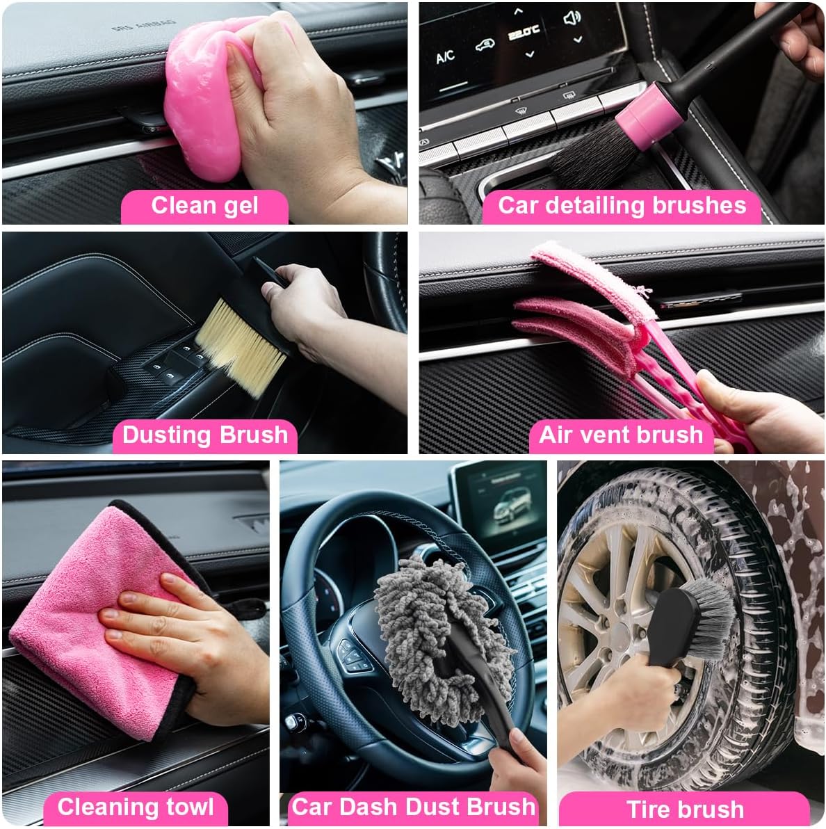 17pcs Car Cleaning Kit, Pink Car Interior Detailing Kit with High Power Handheld Vacuum, Detailing Brush Set, Windshield Cleaner, Cleaning Gel, Complete Auto Accessories for Women Gift