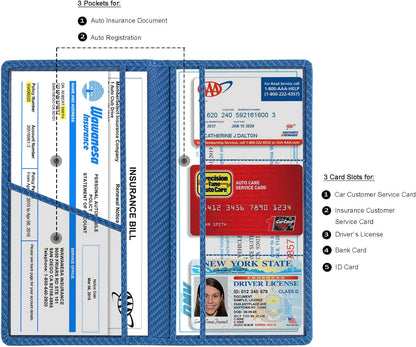 TOURSUIT Car Registration and Insurance Card Holder, Vehicle License Document Glove Box Compartment Organizer, Essential Car Wallet Case for Driver Auto Owners (Carbon Blue)