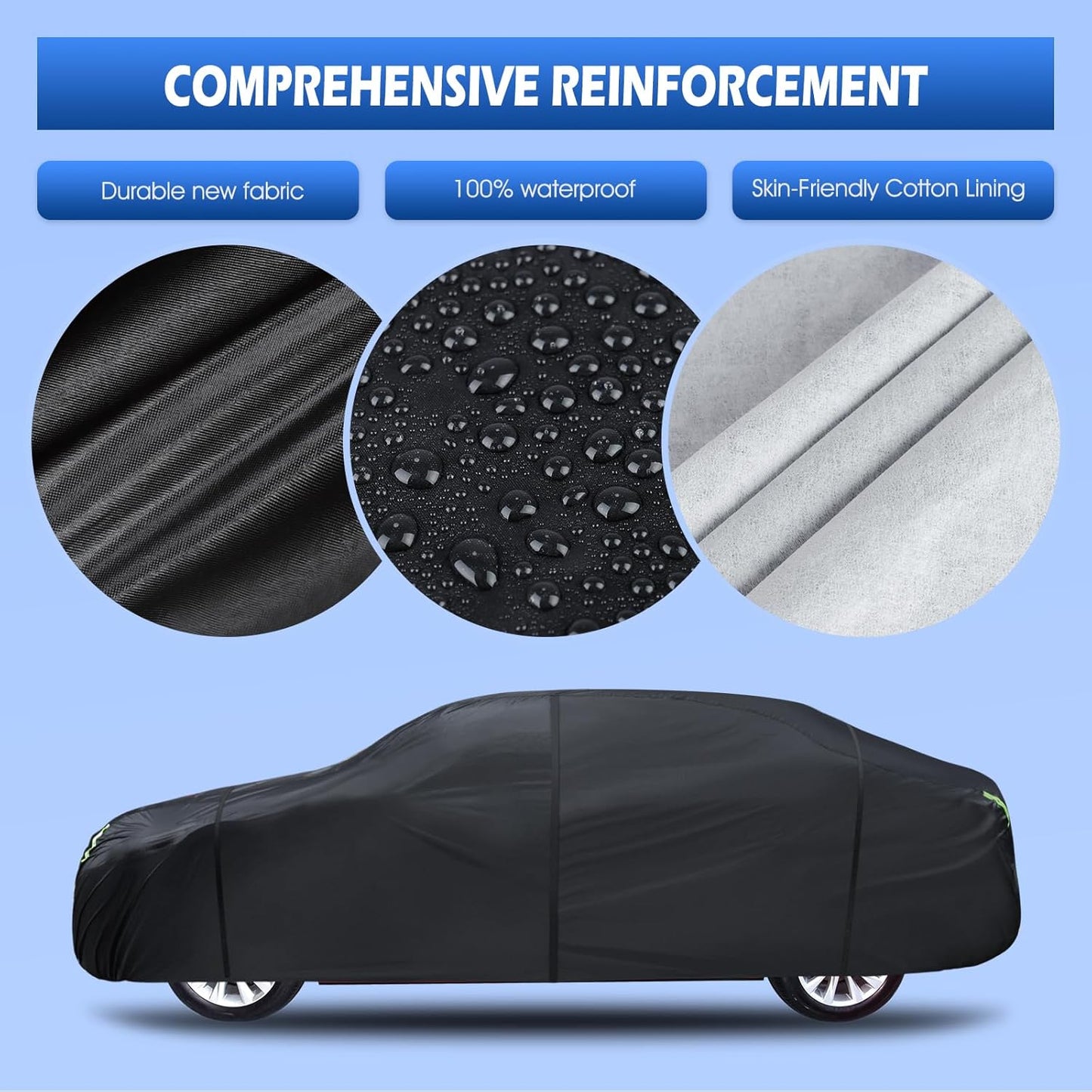 6 Layers Car Cover Waterproof All Weather for Automobiles, Size A3 with Zipper Cotton Fit for Toyota Camry, Honda Accord, Ford Mustang, Chevy Camaro/Malibu,Kia Optima/K5 (187-198 inch)