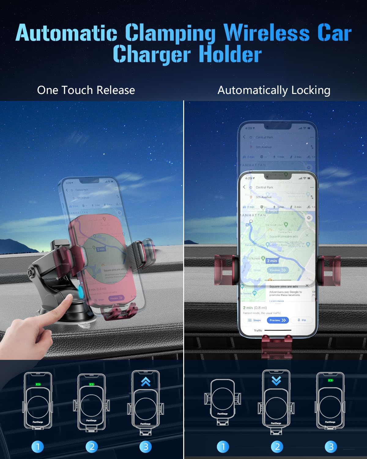 3-in-1 Wireless Car Charger Mount, 15W Fast Charging Auto-Clamping Phone Holder for iPhone 17 16 15 14, Samsung Galaxy S24 S23, Dashboard, Vent & Windshield Car Mount(Black)