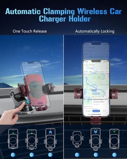 3-in-1 Wireless Car Charger Mount, 15W Fast Charging Auto-Clamping Phone Holder for iPhone 17 16 15 14, Samsung Galaxy S24 S23, Dashboard, Vent & Windshield Car Mount(Black)