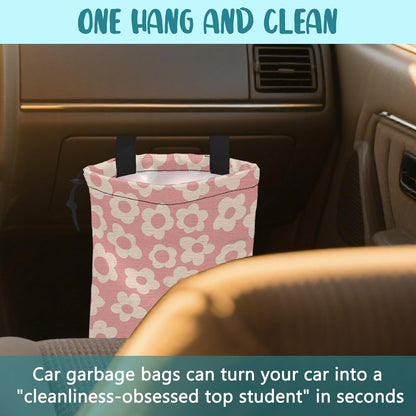 Car Garbage Bag Colorful Floral Spring Daisy Drawstring Car Trash Bag Hanging for Back Seat with Adjustable Buckle Canvas Vehicle Trash Can Easy-to-Install