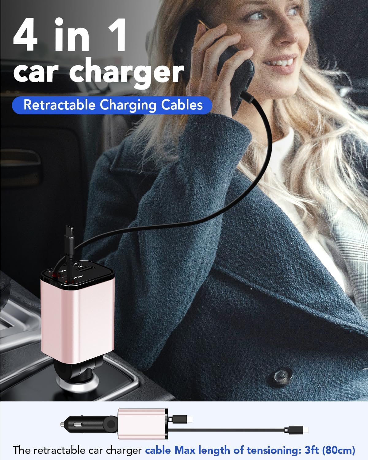 Retractable Car Charger,Car Phone Charger USB C Fast Charge,Cigarette Lighter USB Charger Car Accessories for Women,Road Trip Essentials Gift for Men,Car Charger for iPhone 17/16/15,Galaxy S26,Pixel