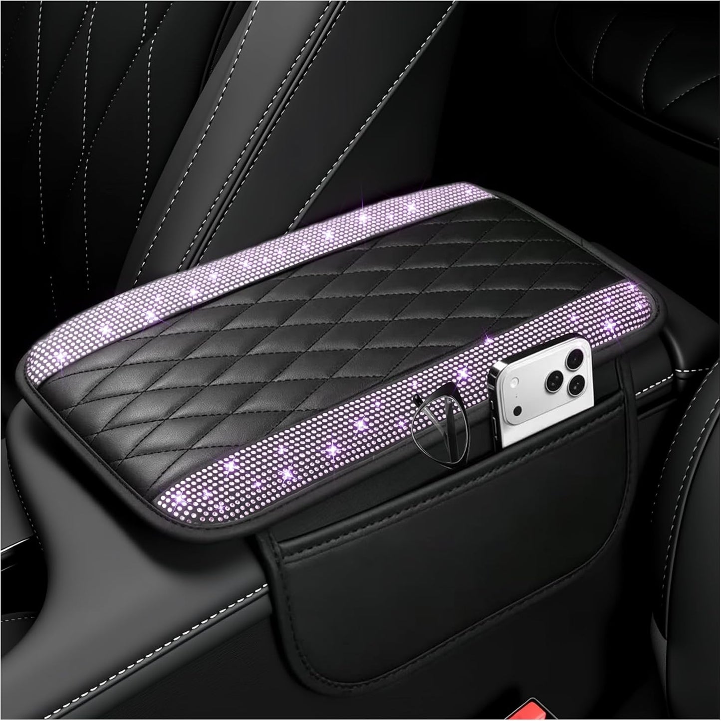 Stacool Upgraded Car Center Console Cover,Microfiber Leather Car Armrest Cover Cushion with 2 Storage Bags,Universal Car Armrest Storage Box (Black)