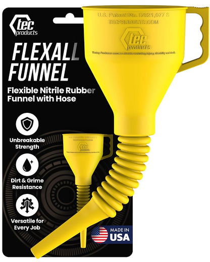 TEC Products FlexAll Long Flexible Funnels - Automotive Oil Funnel with Hose, Durable Nitrile Rubber for Oil Change, Transmission Funnel Fluid, Diesel, Fuel, Gas - Made in USA - Red (16 x 5 Inches)
