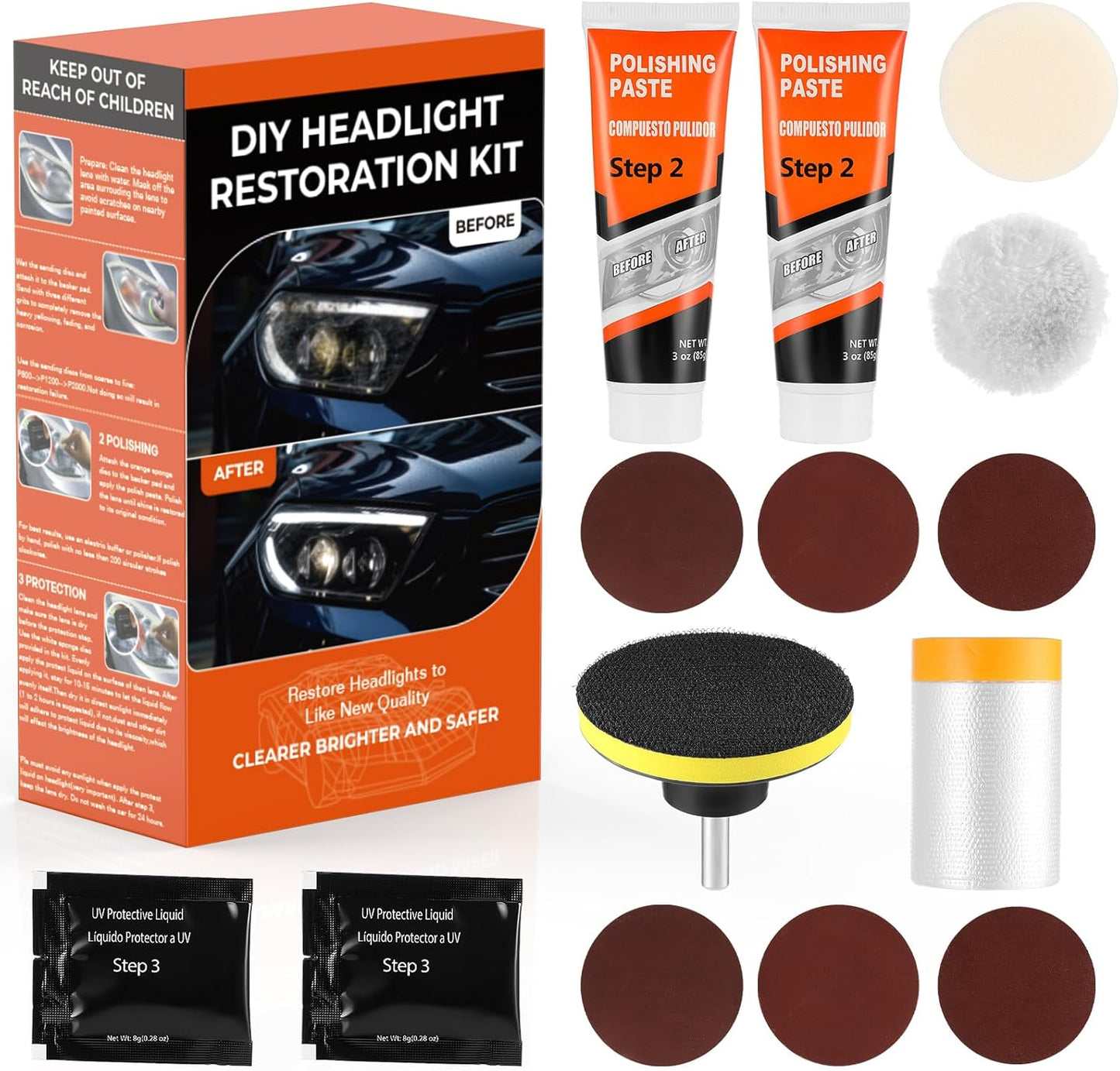 Headlight Restoration Kit, Polish Restore Cleaner Clean Tool DIY Polishing, Sanding Discs, Scouring Pads for Electric Drill, 3 Easy Steps to Restore Sun Damaged Car Headlights Lens
