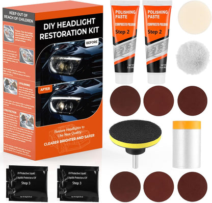 Headlight Restoration Kit, Polish Restore Cleaner Clean Tool DIY Polishing, Sanding Discs, Scouring Pads for Electric Drill, 3 Easy Steps to Restore Sun Damaged Car Headlights Lens