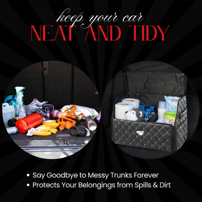 Leather Trunk Organizer with Lid for Suv and more, Foldable Car Organizer, Car Organizers and Storage with Pockets, Non-Slip Design (Black-Black)