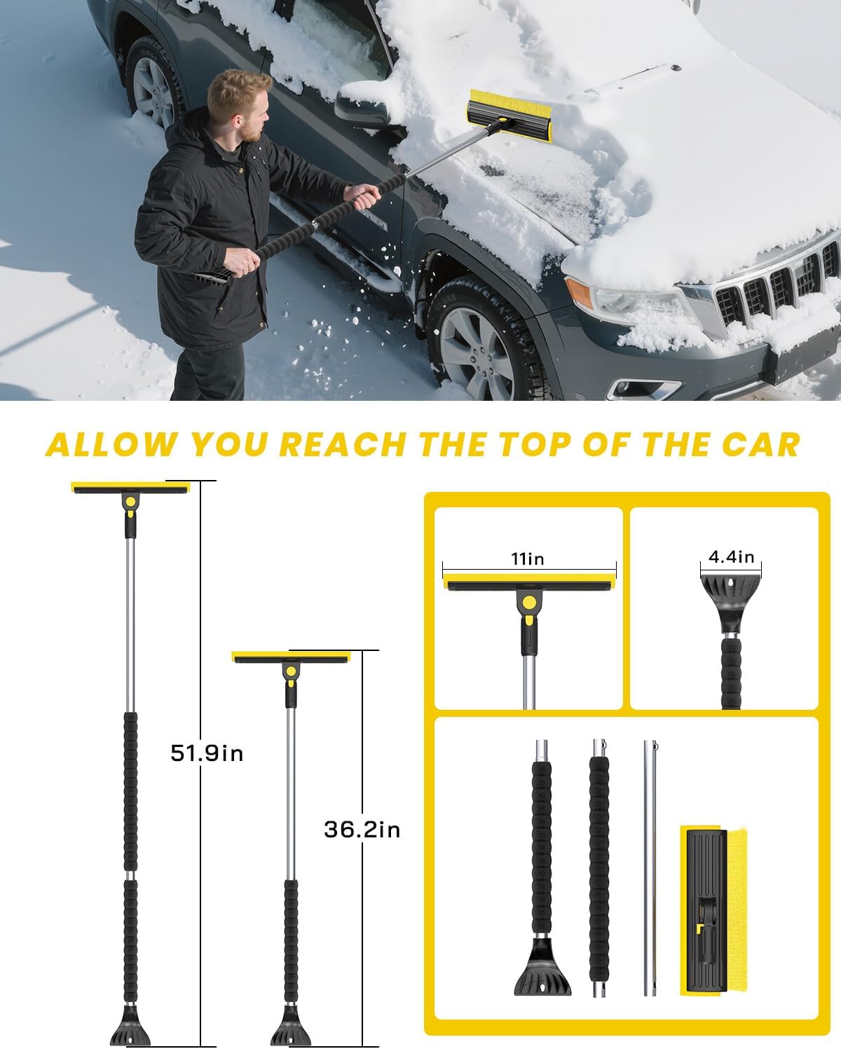 helloleiboo 2025 Extra Long 55.7" Ice Scrapers for Car Windshield Multi-Functional Detachable Car Ice Scraper with Foam Grip and 270° Pivoting Brush Head Snow Brush for SUV Truck Auto (Blue)