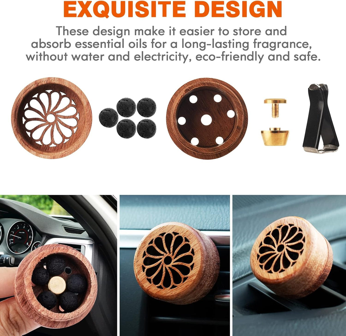 Essential Oil Car Diffuser, 2 PCS Car Aromatherapy Wood Diffuser with Vent Clip