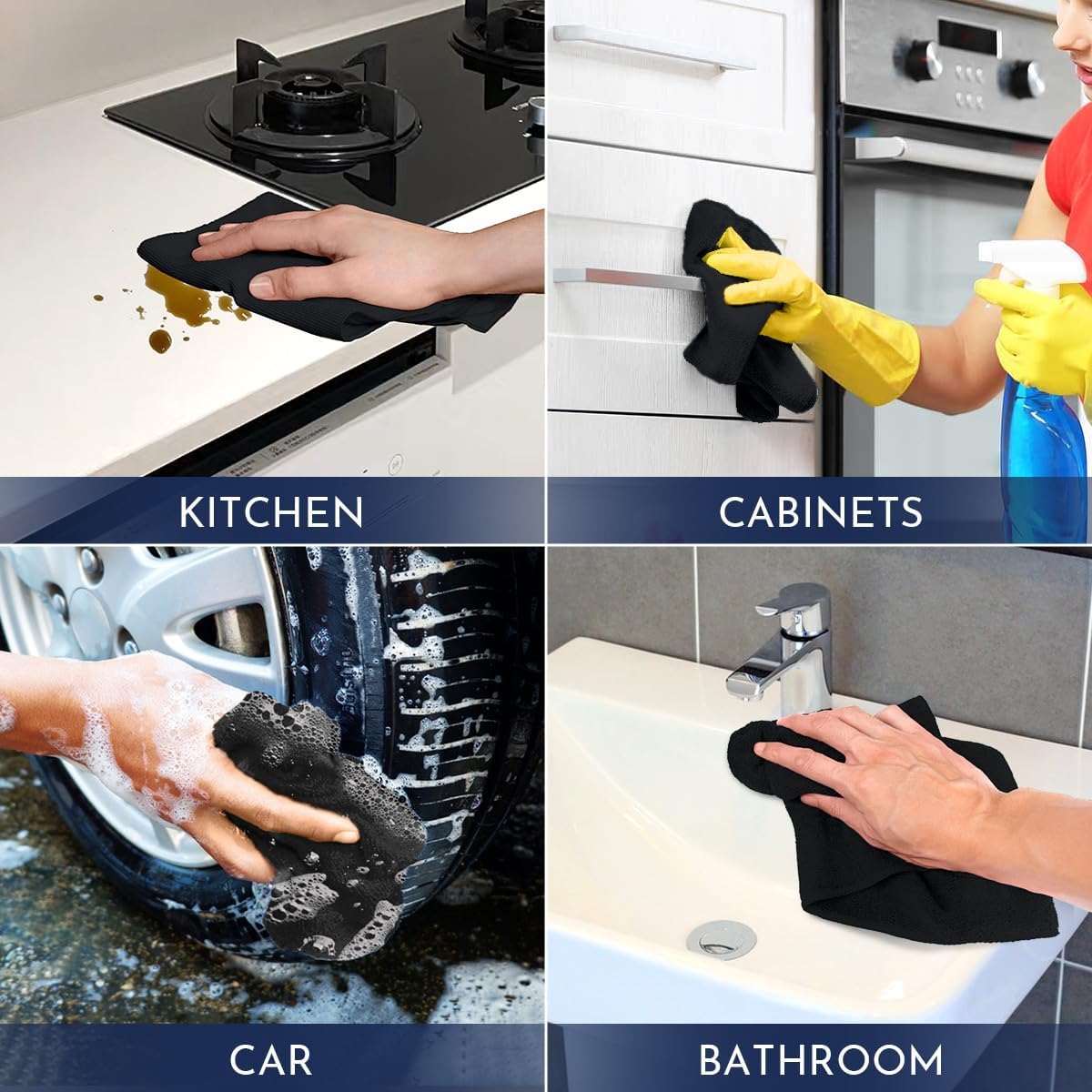 GLIMGLINT Black Microfiber Cleaning Cloth,150PK Reusable Cleaning Rags,Highly Absorbent Shop Rags Bulk,All-Purpose Car Cleaning Towels for TV Screen, Kitchen, Bathroom, Restaurant, Garage, 14"X12"