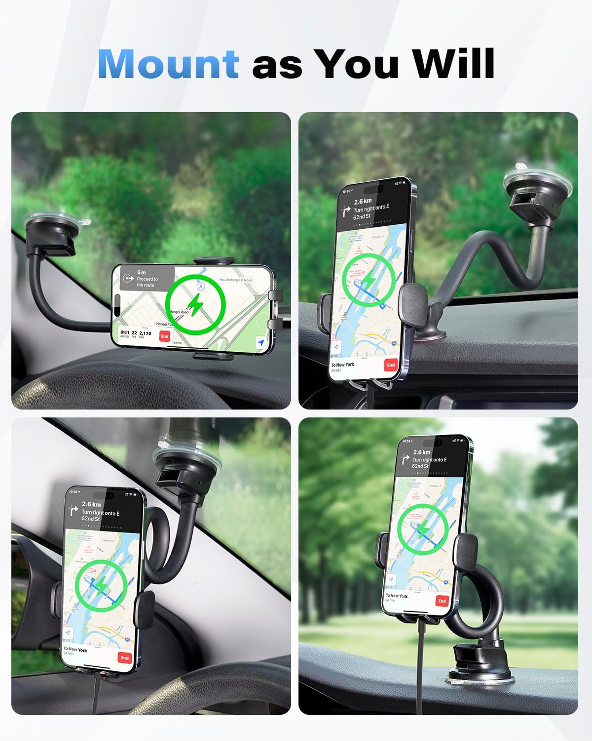 1Zero Solid Car Truck Phone Mount Holder with 14-Inch Gooseneck Long Arm, Windshield Window Mobile Holders w/Industrial-Strength Suction Cup, Anti-Shake Stabilizer Compatible All Cell Phones iPhone