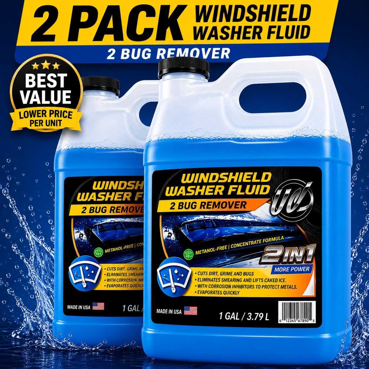 UCS 2-in-1 Windshield Washer Fluid 2-Pack (1 Gallon Each, 256 fl oz Total) – Ready to Use, Streak-Free Formula, All-Weather Cleaning, Removes Bugs, Dirt & Road Grime – Premium Windshield Cleaner