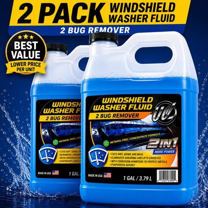 UCS 2-in-1 Windshield Washer Fluid 2-Pack (1 Gallon Each, 256 fl oz Total) – Ready to Use, Streak-Free Formula, All-Weather Cleaning, Removes Bugs, Dirt & Road Grime – Premium Windshield Cleaner