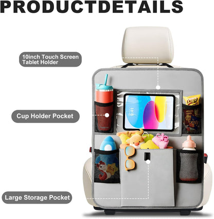 Car Backseat Organizer with Tablet Holder, 6 Storage Pockets Seat Back Protectors Kick Mats for Kids, Car Seat Protector for Road Trips 2 Pack (Black)