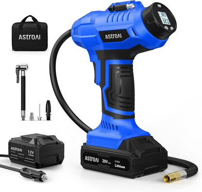 AstroAI Cordless Tire Inflator Portable Air Compressor Fast Inflation 160 PSI Air Pump 20V Rechargeable Battery Powered with 12V DC Adapter Digital Pressure Gauge for Cars Motorcycles Bikes Yellow