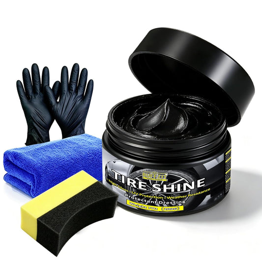 Tire Shine Gel & Wheel Cleaning Wax with Applicator Sponge, Long-Lasting Tire Dressing for Deep Black Wet Gloss Finish, UV Protection for Cars, Trucks, Motorcycles & RVs, 7oz/200g
