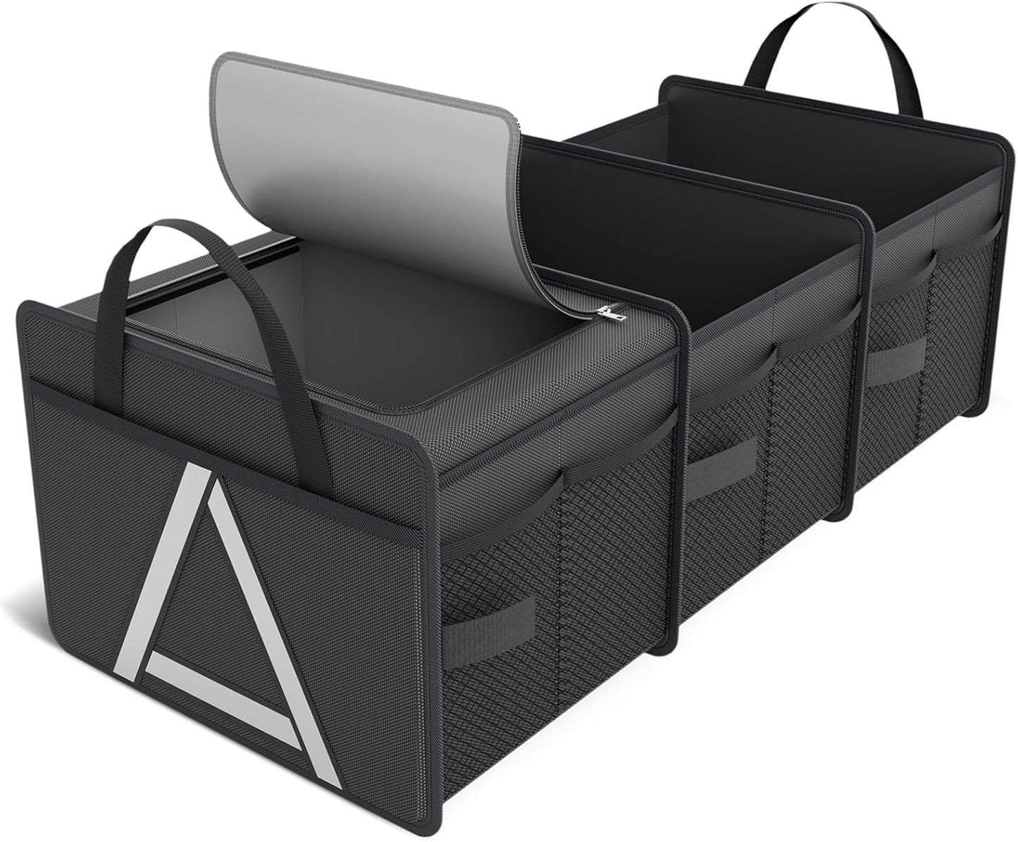 K KNODEL Sturdy Car Trunk Organizer with Premium Insulation Cooler Bag, 3 Compartments Heavy Duty Collapsible for Car, SUV, Truck, or Van (Large, Black)