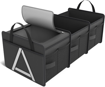 K KNODEL Sturdy Car Trunk Organizer with Premium Insulation Cooler Bag, 3 Compartments Heavy Duty Collapsible for Car, SUV, Truck, or Van (Large, Black)