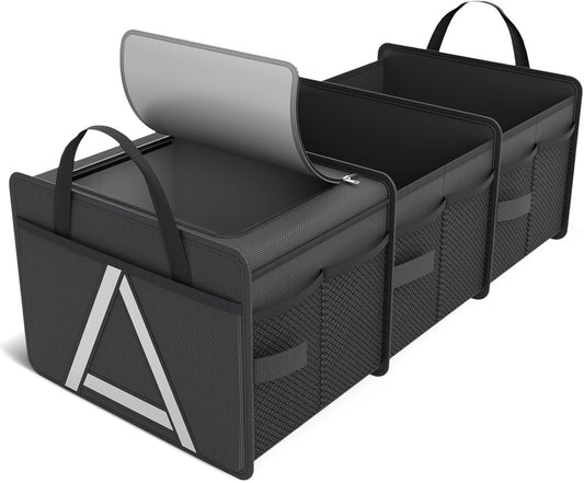 K KNODEL Sturdy Car Trunk Organizer with Premium Insulation Cooler Bag, 3 Compartments Heavy Duty Collapsible for Car, SUV, Truck, or Van (Large, Black)