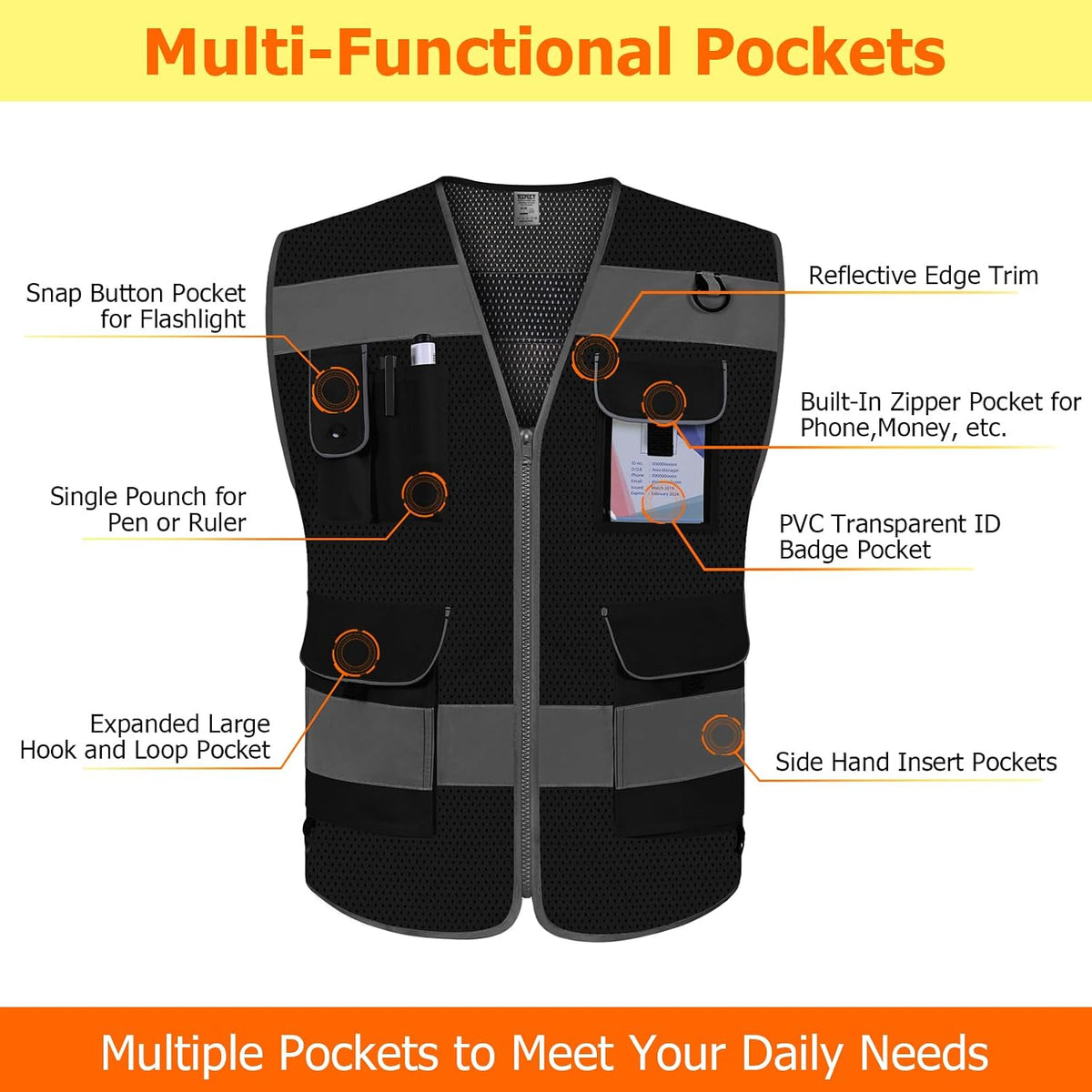 TCCFCCT Safety Vest for Men Women 9 Pockets High Visibility Vest for Safety, Reflective Work Vest with Reflective Strips, Meets ANSI/ISEA Standards, (Yellow, Large)