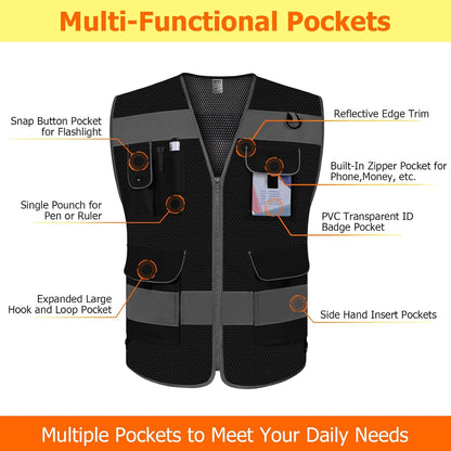 TCCFCCT Safety Vest for Men Women 9 Pockets High Visibility Vest for Safety, Reflective Work Vest with Reflective Strips, Meets ANSI/ISEA Standards, (Yellow, Large)