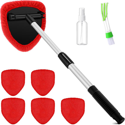 Potchen 8 Pcs Car Windshield Cleaner Tool Kit with Extendable Handle, Microfiber Towel Pads, Brush, Empty Spray Bottle for Auto Glass Wiper Suvs Rvs & Home Windows(Purple)