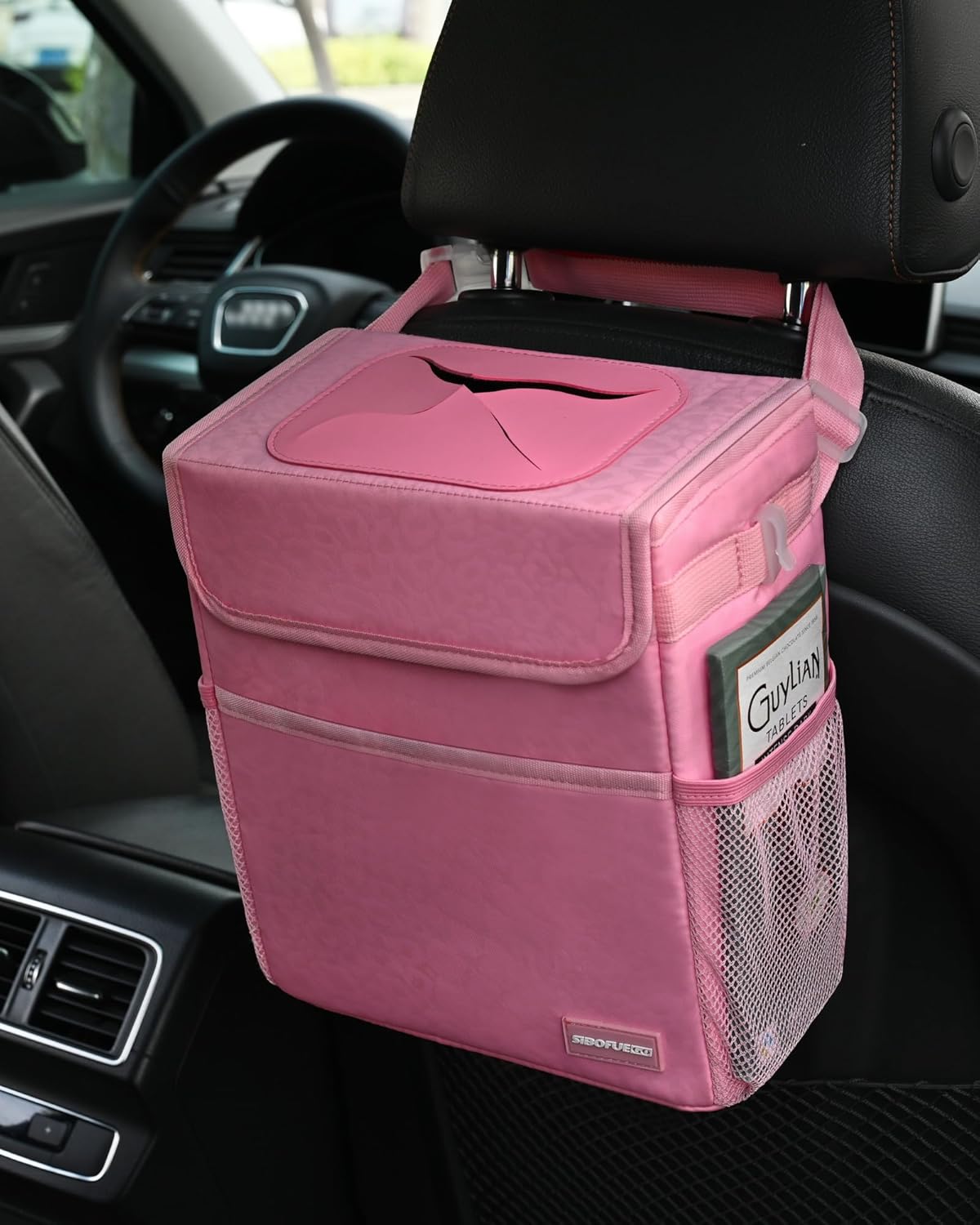 SIBOFUEGO Cute Car Trash Can with Lid – Multipurpose Collapsible Trash Bin for Car, Leak-Proof Organizer, Waterproof Garbage Can with Storage Pockets & Adjustable Straps, 2 Gallons (Black Leopard)