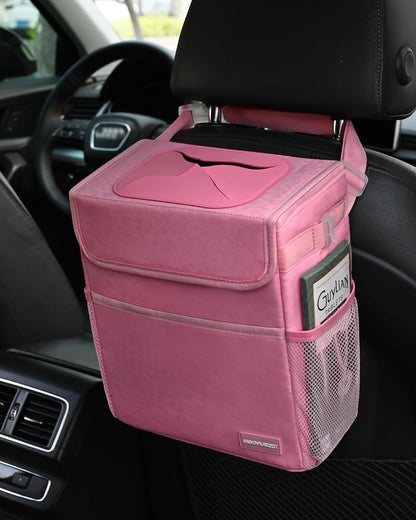 SIBOFUEGO Cute Car Trash Can with Lid – Multipurpose Collapsible Trash Bin for Car, Leak-Proof Organizer, Waterproof Garbage Can with Storage Pockets & Adjustable Straps, 2 Gallons (Black Leopard)