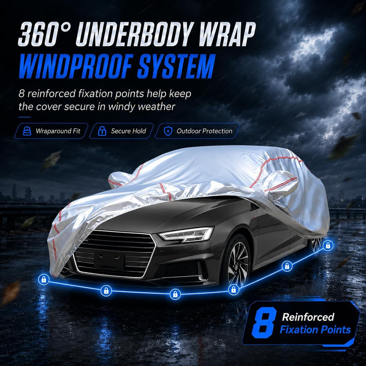 Car Cover for Sedan, Waterproof All Weather Heavy Duty, 360° Underbody Wrap Windproof Design, Quick Install Outdoor Vehicle Cover, Fits 186-193 in