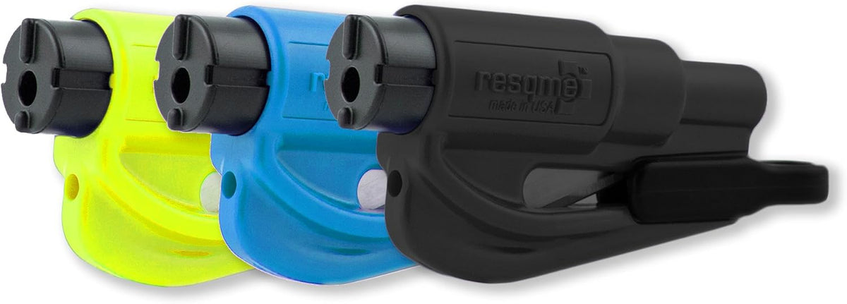 RESQME The Original Emergency Keychain Car Escape Tool, 2-in-1 Seatbelt Cutter and Window Breaker, Made in USA, Family Pack of 3 - Blue, Pink, Yellow -Compact Emergency Hammer