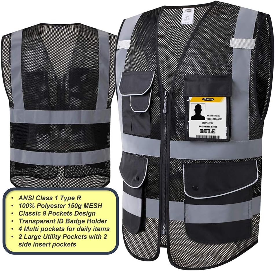 JKSafety 9 Pockets Class 2 High Visibility Zipper Front Safety Vest With Reflective Strips,Meets ANSI/ISEA Standard (Large, 150-Yellow) - Colors B
