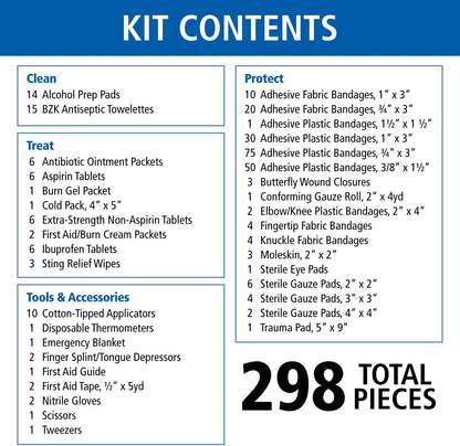 First Aid Only 298 Piece All-Purpose Emergency First Aid Kit for Home, Office, Car, Apartment, Dorm, and Camping, Travel-Friendly Compact Pouch Fits in Backpacks, Suitcases, Cabinets, and Drawers