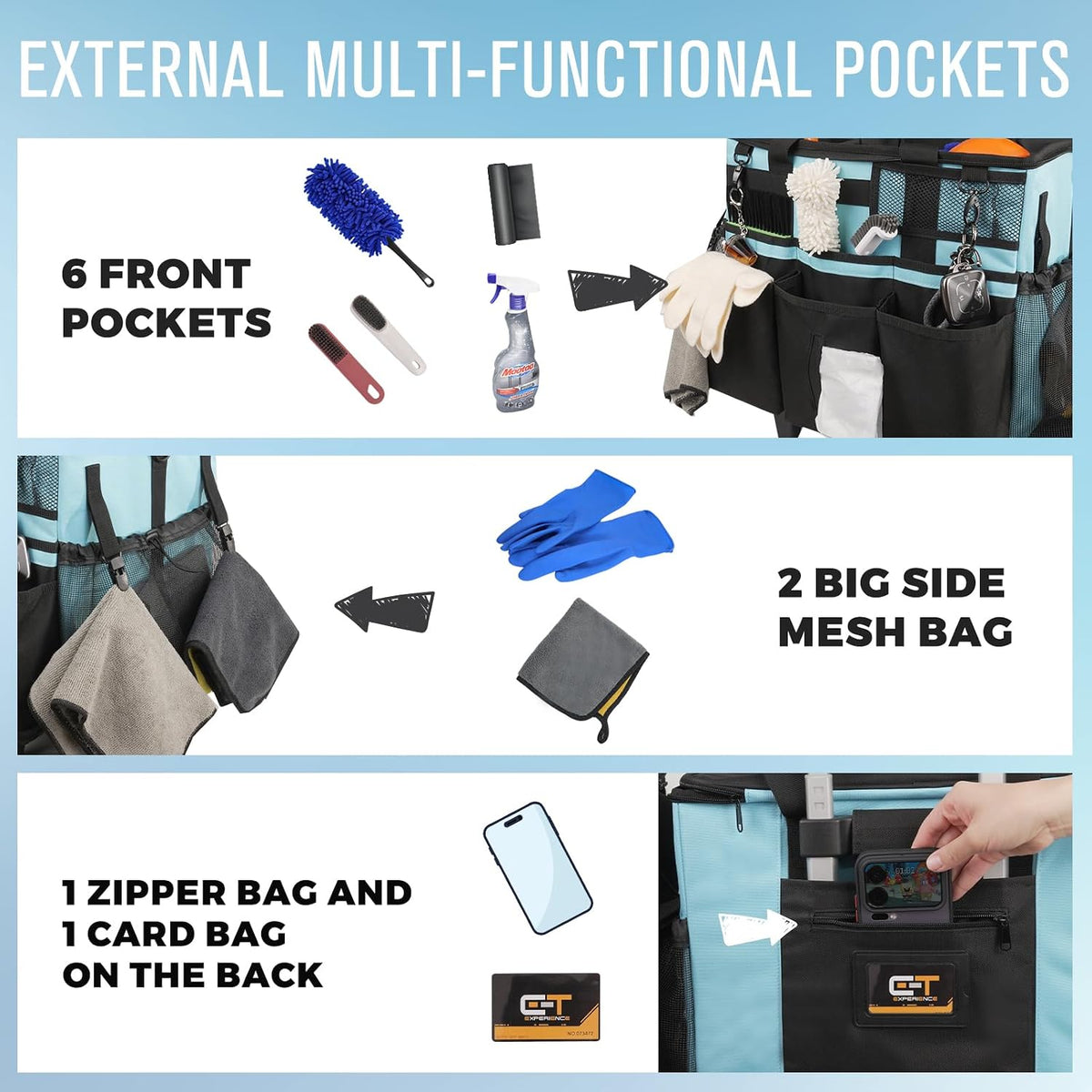 SCAVATA Rolling Cleaning Caddy Bag with Detachable Trolley, Large Cleaning Supplies Organizer with Wheels, Multi Pocket Cleaning Cart with Adjustable Shoulder Strap for Housekeepers & Home Use, Black