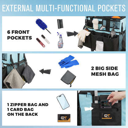 SCAVATA Rolling Cleaning Caddy Bag with Detachable Trolley, Large Cleaning Supplies Organizer with Wheels, Multi Pocket Cleaning Cart with Adjustable Shoulder Strap for Housekeepers & Home Use, Black