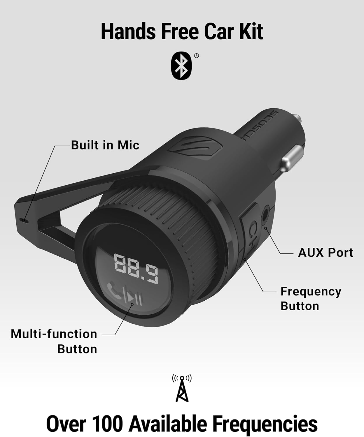 Scosche BTFM9 FM Bluetooth Transmitter Car, Dual 12W USB-C and USB-A Charging Ports, Fast Type C Car Charger, Wireless Radio Bluetooth Adapter, Hands-Free Kit for Calls, Siri and Google Assistant