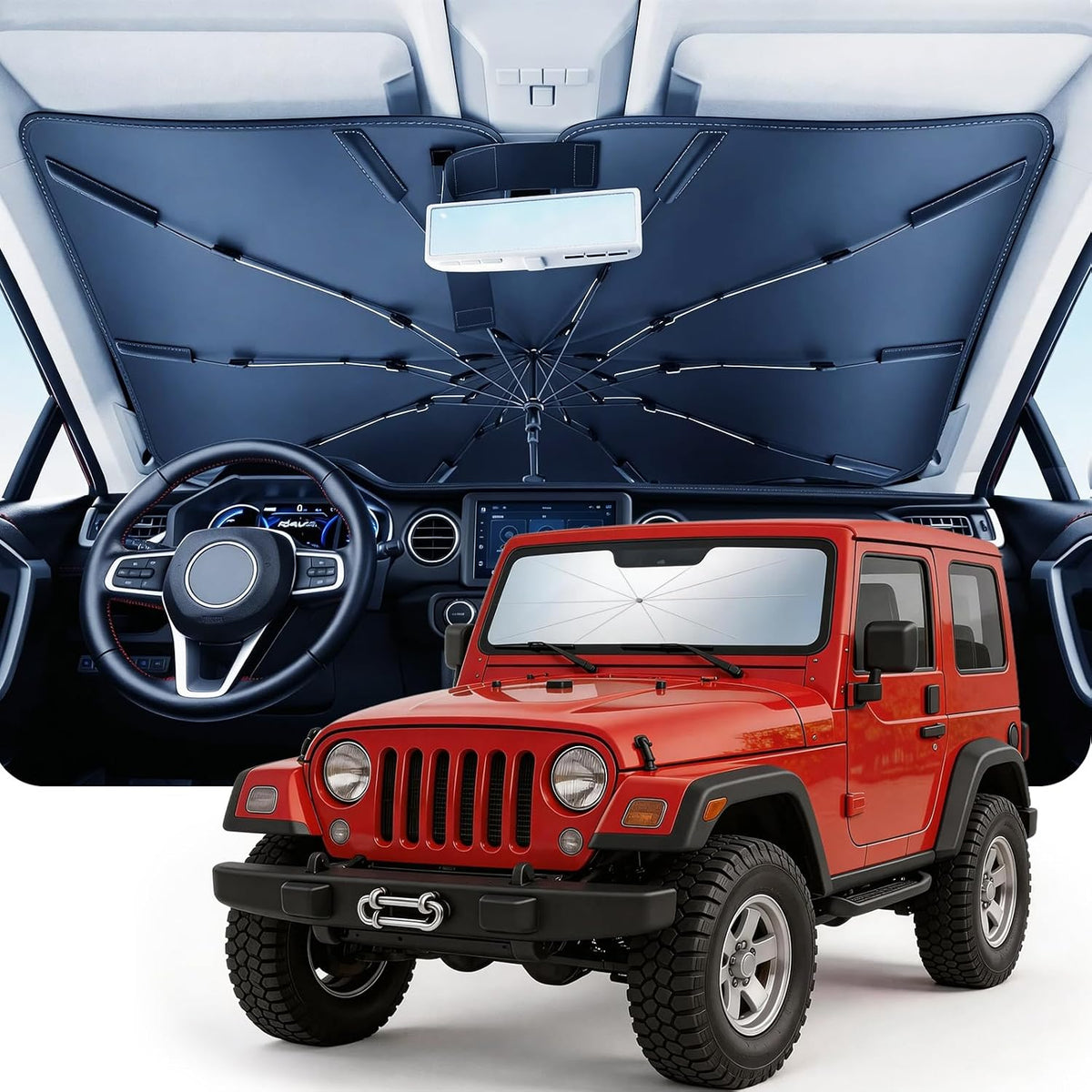 DMJN Umbrella Windshield Sun Shade - Medium, Car Sunshade for Front Windshield [Nano Ice-Crystal Coatings] UPF50+ Heat & UV Block, Protect Interior & Keep Cooler Universal for Car, SUV, Truck
