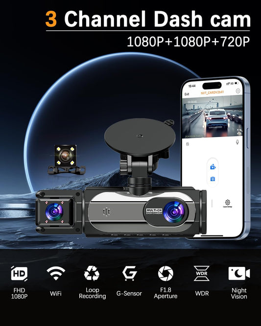 Dash Cam Front and Rear, 1080P Dash Camera for Cars, 3 Channel Car Camera Front Rear and Inside/Back with 32GB Card 5G Wireless WiFi, Loop Recording, Night Vision, HDR, G-Sensor, 24Hr Parking