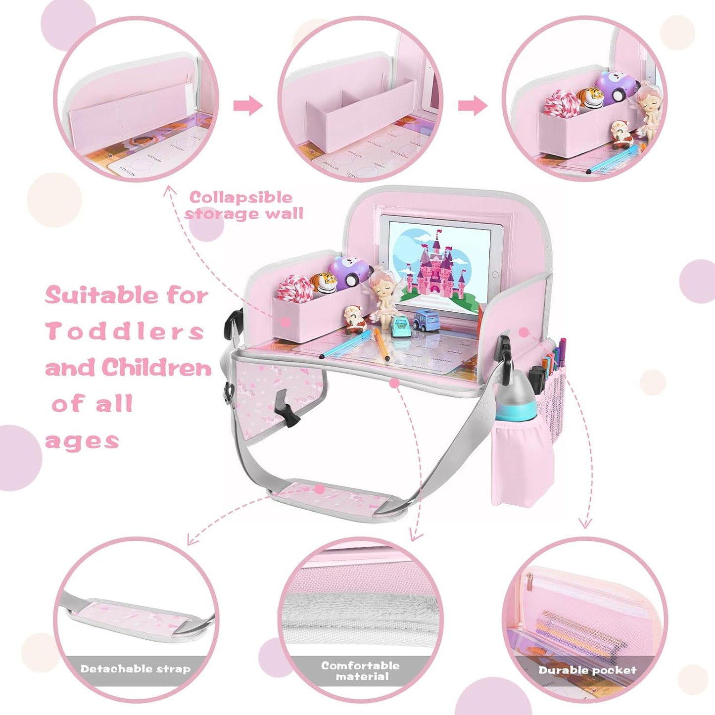 MENZOKE Kids Travel Tray for Toddler Car Seat, Road Trip Activities for Kids with iPad Holder Stand & Dry Erase Board, Road Trip Essentials Accessories Lap Tray as Travel Gifts for Kid, Pink