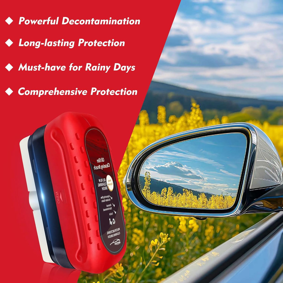 Automotive Oil Film Cleaning Brush with Reusable Foam Sprayer, Upgraded Antifog Glass Cleaning Board, Glass Oil Film Remover for Car Windows & Windshields, Versatile Car Glass Cleaner Brush (Red)