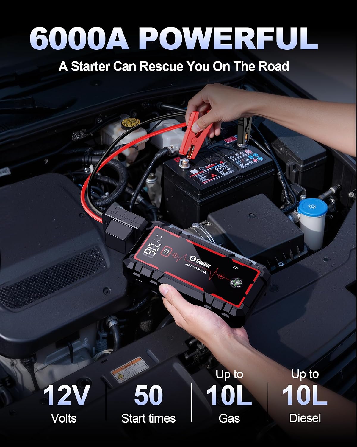 Jump Starter, Battery Jumper Starter Portable, Car Battery Jump Starter with 3 Modes Flashlight, Compass, Power Bank and Jumper Cable