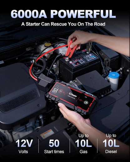 Jump Starter, Battery Jumper Starter Portable, Car Battery Jump Starter with 3 Modes Flashlight, Compass, Power Bank and Jumper Cable