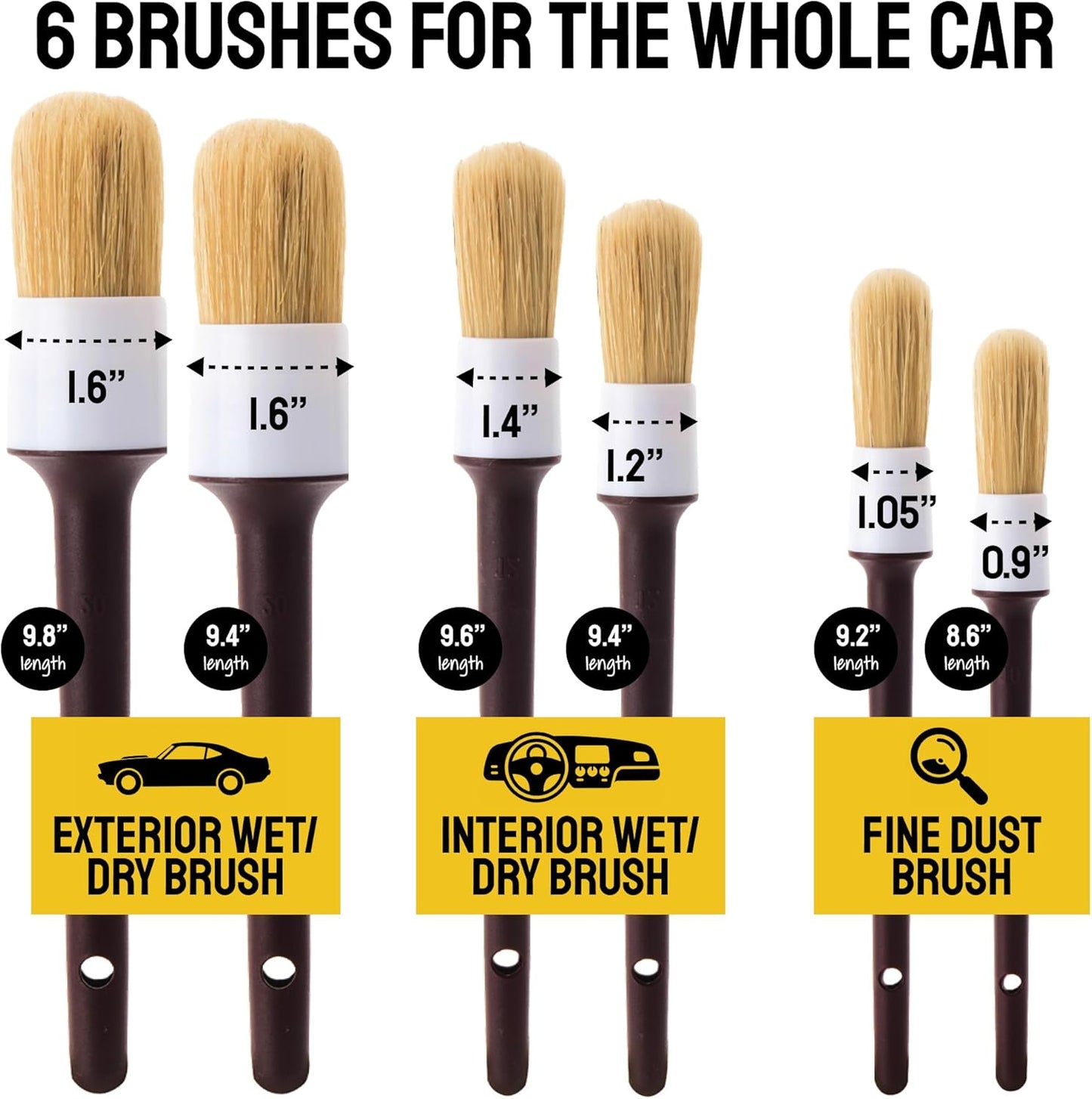 Car Detailing Brush Set 3-Pack - Soft Boar Hair Interior & Exterior Detailing Kit - Car Interior Cleaning Brushes for Leather, Piano Black Trim, Dashboards, Wheels and Engine Bay - Detail Dudes