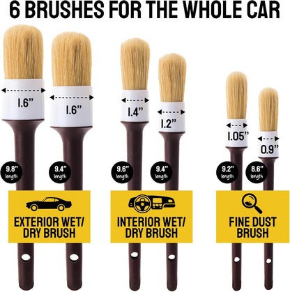 Car Detailing Brush Set 3-Pack - Soft Boar Hair Interior & Exterior Detailing Kit - Car Interior Cleaning Brushes for Leather, Piano Black Trim, Dashboards, Wheels and Engine Bay - Detail Dudes