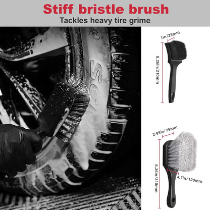 4PCS Compact Wheel & Tire Cleaning Kit - 360° Flexible Synthetic Wool Rim Brush, 2 Dual-Bristle Brushes & Microfiber Towel | Scratch-Free for All Vehicles