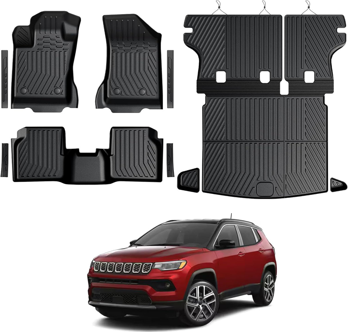 Floor Mats for Jeep Cherokee 2019-2023, All Weather Floor Mats Trunk Cargo Liner with Backrest Protectors and Door Sill Guards Accessories, Full Coverage Set
