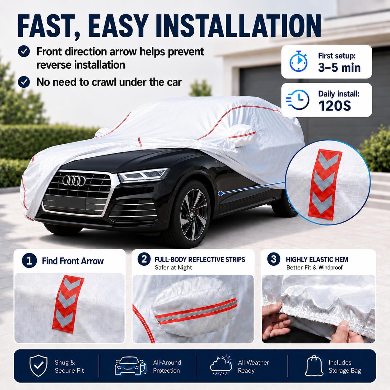 Car Cover for Sedan, Waterproof All Weather Heavy Duty, 360° Underbody Wrap Windproof Design, Quick Install Outdoor Vehicle Cover, Fits 186-193 in