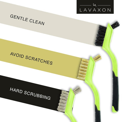 Lavaxon Wire Brush Set 3Pcs - Nylon/Brass/Stainless Steel Bristles with Curved Handle Grip for Rust, Dirt & Paint Scrubbing with Deep Cleaning – 7 Inches (Red)