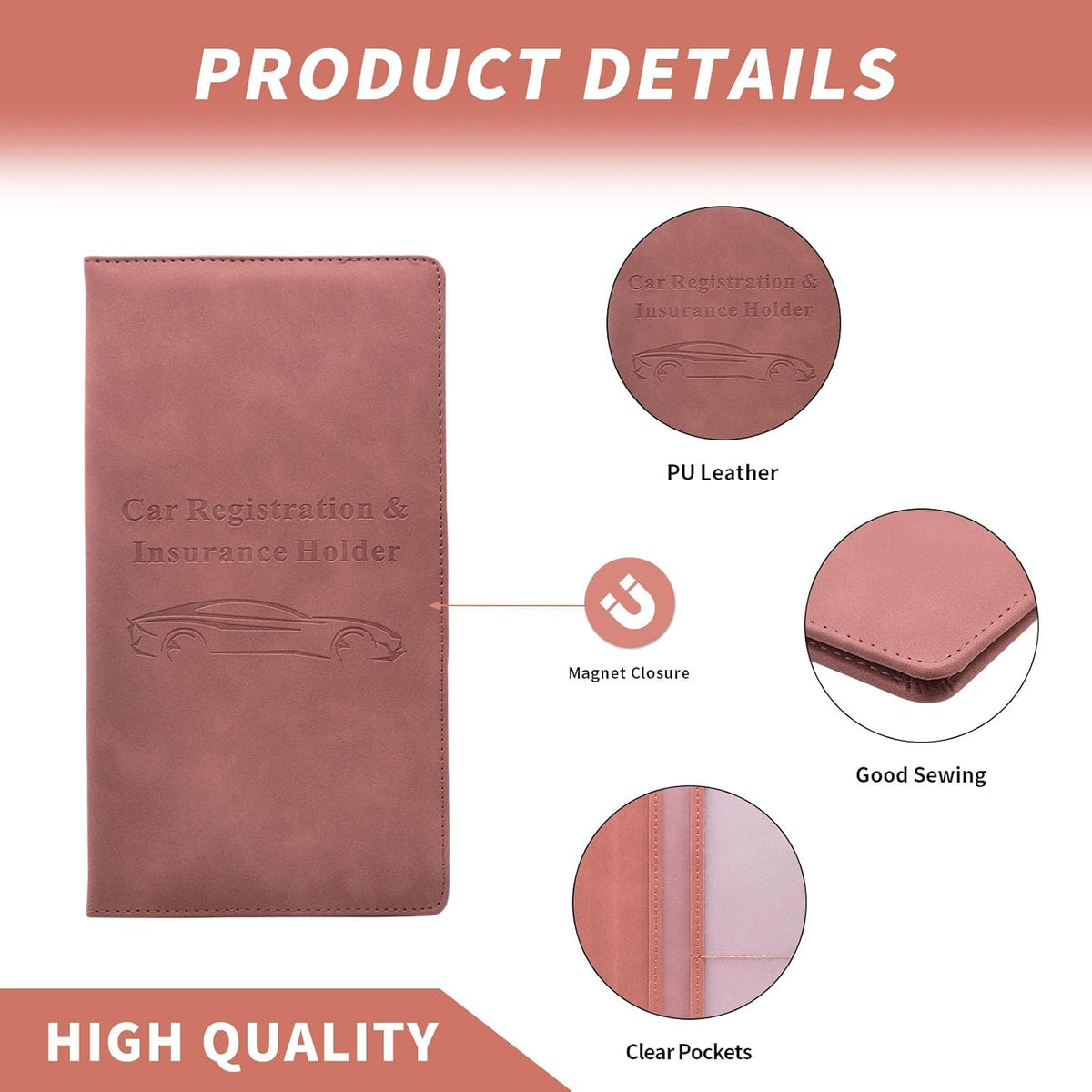 Car Registration and Insurance Card Holder - Vehicle Glove Box Document Organizer - Premium PU Leather Wallet Case - Driver License - Pink