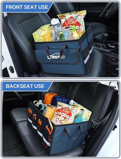 Oasser Car Trunk Organizer, 3 Compartments Collapsible Waterproof Car Organizer Storage with Foldable Cover, Reflective Strip, Non-Slip Bottom, 4 Mesh Pockets for SUV/Truck/Sedan/Camping/Road Trip